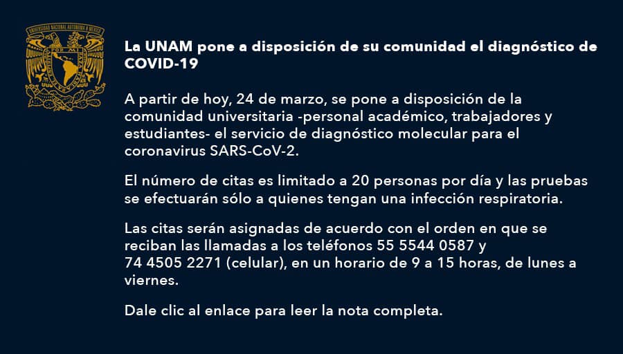 LA UNAM PONE A DISPOSICIÓN DE SU COMUNIDAD EL DIAGNÓSTICO DE COVID-19